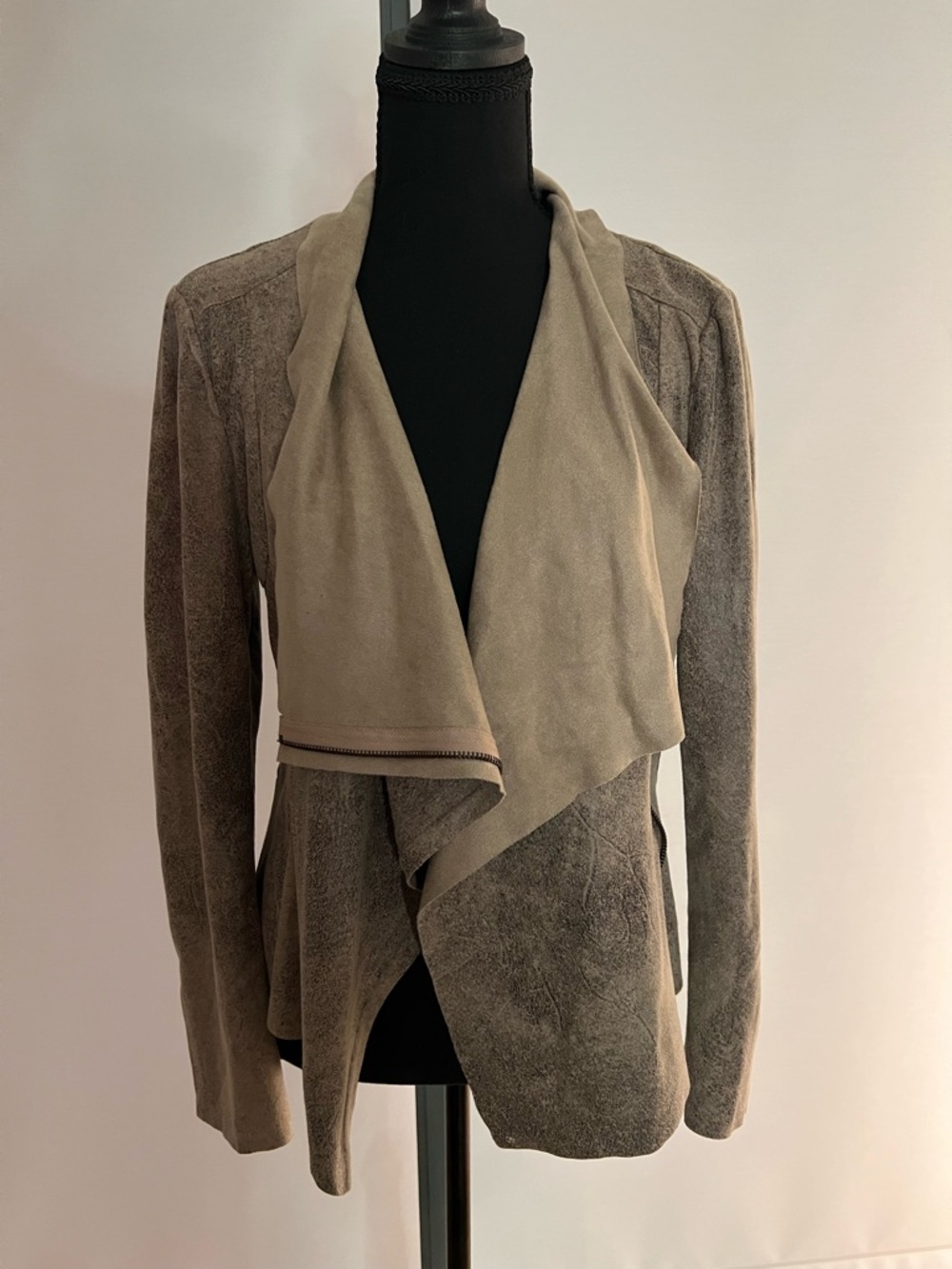 Molly Green Draped Open Front Suede-Look Women's Jacket - Taupe